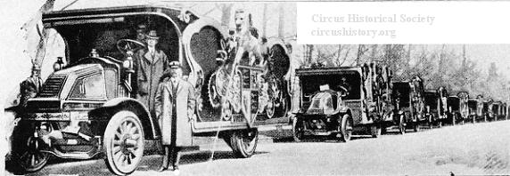 Line up of circus trucks